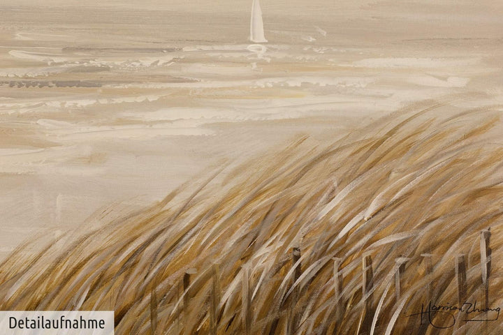 KunstLoft Leinwandbild | 100% HANDGEMALT | 90x60cm | Gemälde 'Sehnsucht nach Meer' | Strände | Beige