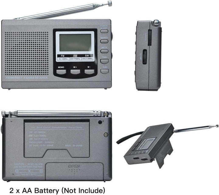 COVVY AM/FM / SW1-7 Tragbarer 9-Band-Radioempfänger mit Lautsprechern und Kopfhörern, ausgezeichnete