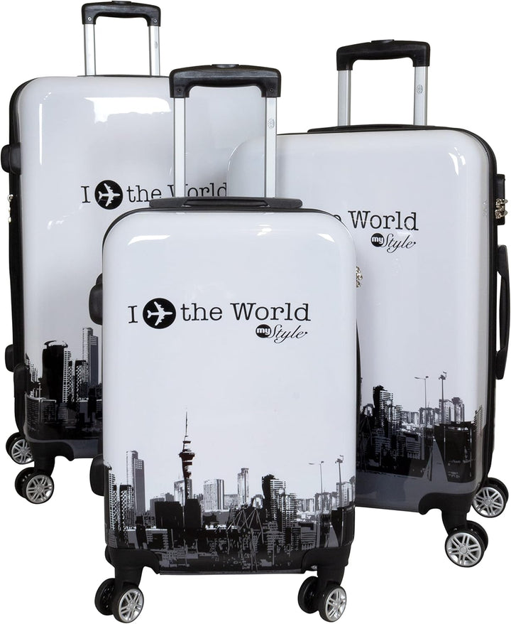 Trendyshop365 Hartschalen Koffer-Set 3-teilig mit Motiv Bedruckt - Fly The World Weiss - 4 Rollen Fl