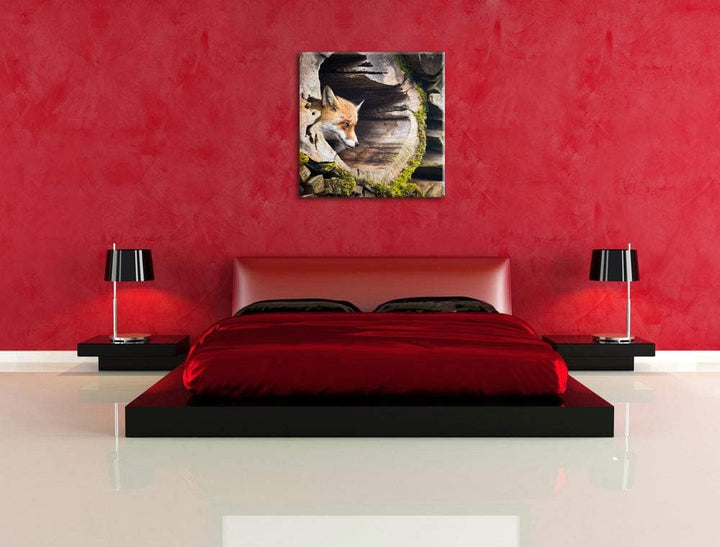 Fuchs im Baumstamm, Format: 70x70 auf Leinwand, XXL riesige Bilder fertig gerahmt mit Keilrahmen, Ku