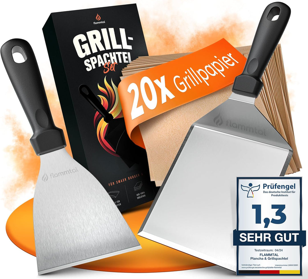 flammtal Grillspachtel Set aus Edelstahl - Hochwertiger Plancha Spachtel inkl. 20x Burgerpapier fรผr