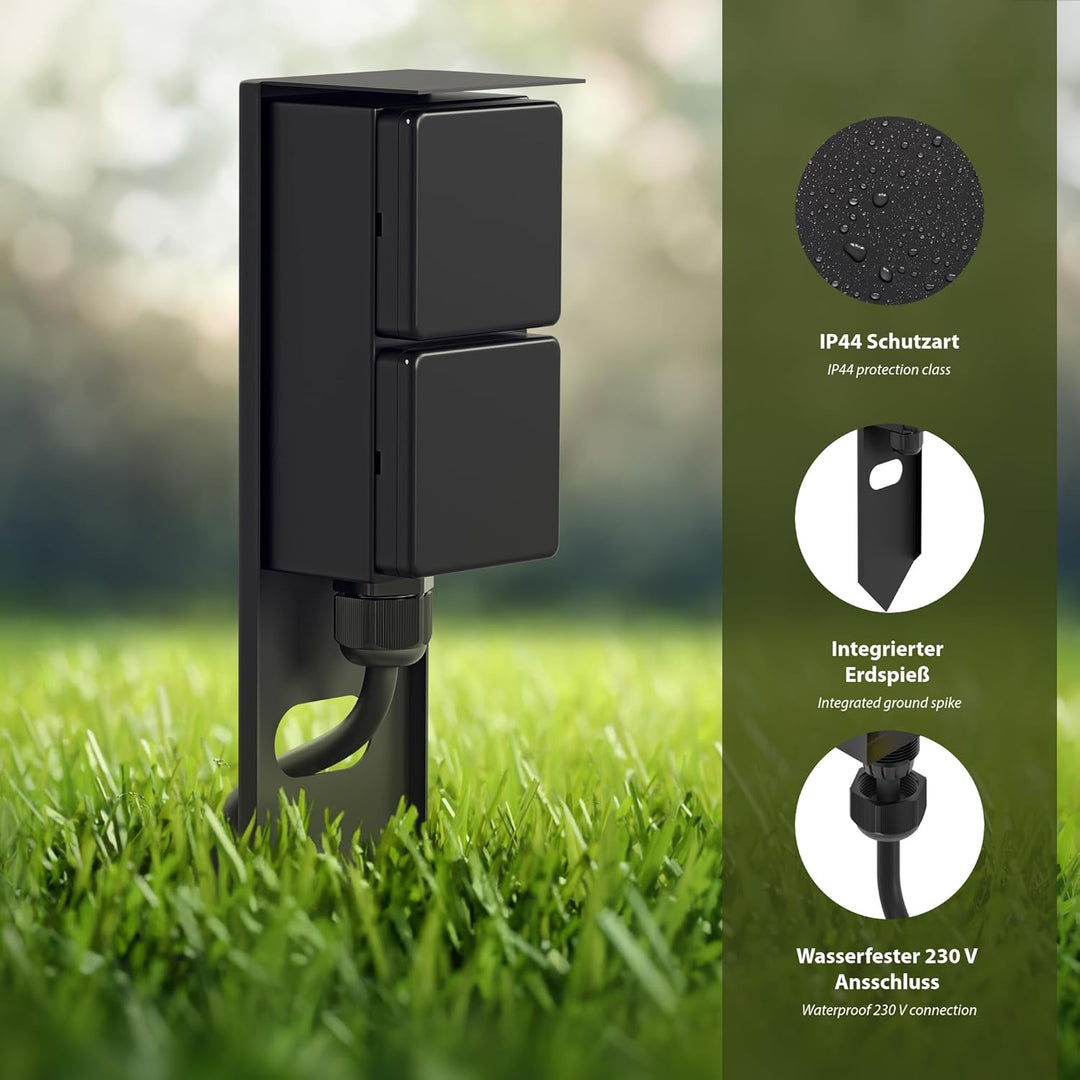 ledscom.de Garten Steckdosensäule PIWI mit Erdspiess für aussen, IP44, 2-fach, schwarz, eckig, 30 cm