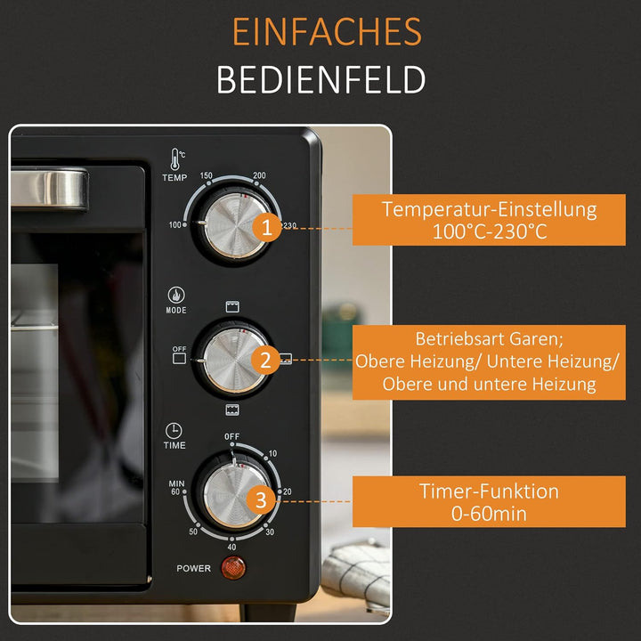 HOMCOM Minibackofen 21L mit 1 Drahtgestell und 1 Backblech 3 Kochmodi 100 °C-230 °C einstellbare Tem