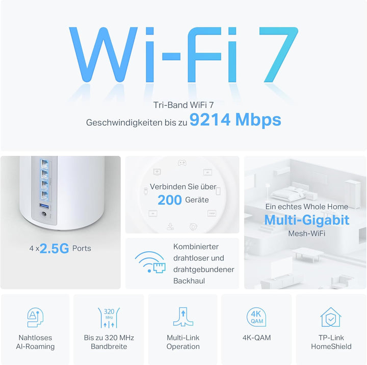 TP-Link Deco BE65 WiFi 7 Mesh WLAN Set (2er-Pack), BE9300 Tri-Band Router und Repeater (6 GHz, 2.5 G