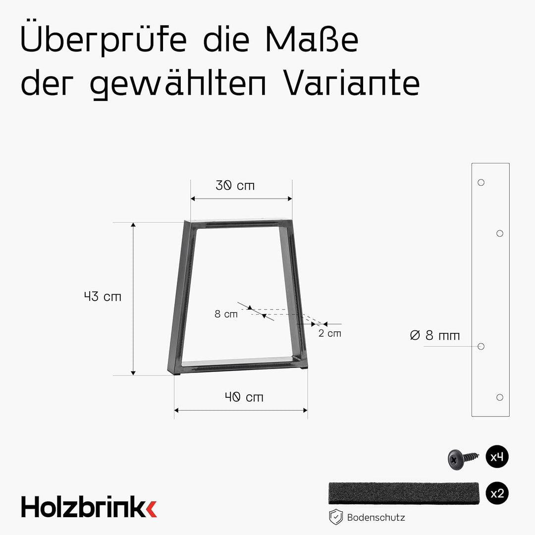 HOLZBRINK Tischbeine Trapez für Couchtisch/Sitzbank, 30/40x43cm, Rohstahl mit Klarlack, 1 Stück, HLT