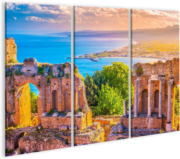 Bild Bilder auf Leinwand Die Ruinen des Taormina Theaters bei Sonnenuntergang. Schönes Reisefoto, bu