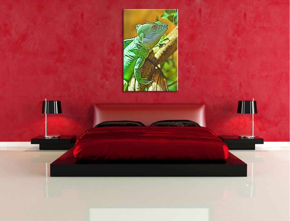 grünes Chamäleon Deluxe Format: 100x70 cm auf Leinwand, XXL riesige Bilder fertig gerahmt mit Keilra