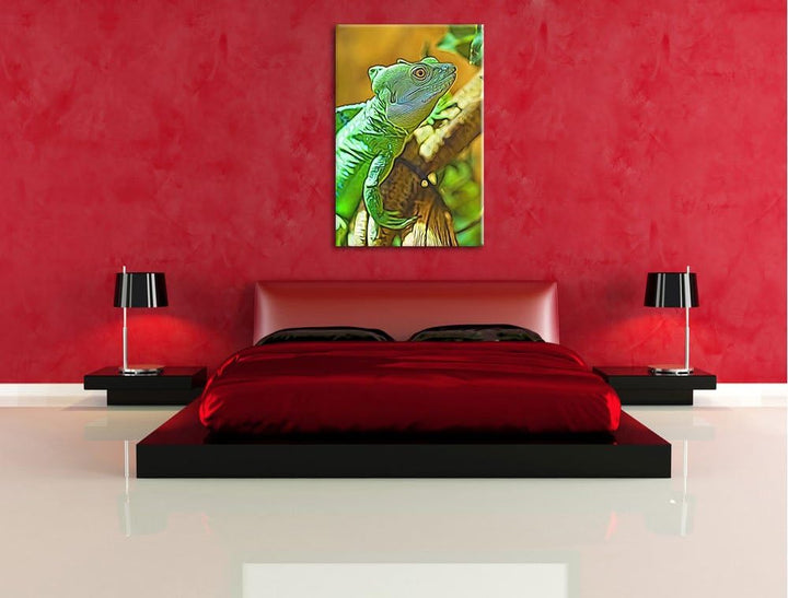 grünes Chamäleon Deluxe Format: 100x70 cm auf Leinwand, XXL riesige Bilder fertig gerahmt mit Keilra