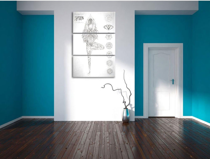 Pixxprint Yogafigur in der Tree Pose Kunst Kohle Effekt 3-Teiler Leinwandbild 120x80 Bild auf Leinwa