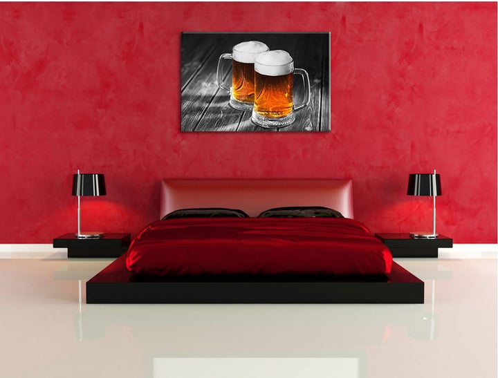 Pixxprint Zwei Masskrüge Bier als Leinwandbild/Grösse: 100x70 cm/Wandbild/Kunstdruck/fertig bespannt