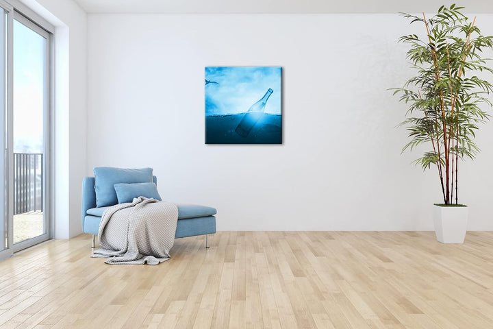 deyoli treibende Flaschenpost Format: 60x60 Effekt: Monocrome Blau als Leinwandbild, Motiv fertig ge