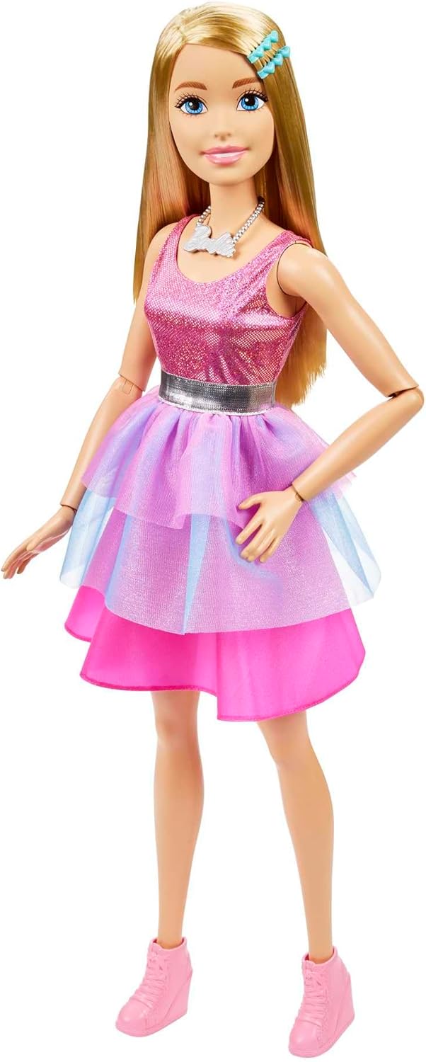 BARBIE Extragrosse Puppe (71 cm) - Pinkes Kleid, Blonde Haare mit Haarspange und Kette, Geschenk für