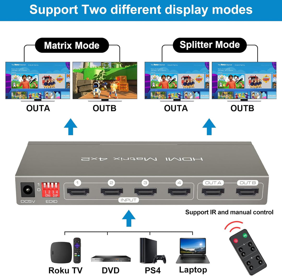 VEDINDUST HDMI Matrix Switcher 4K @ 60Hz HDMI 2.0b Switch 4 in 2 Out Splitter with Optical and 3.5 m