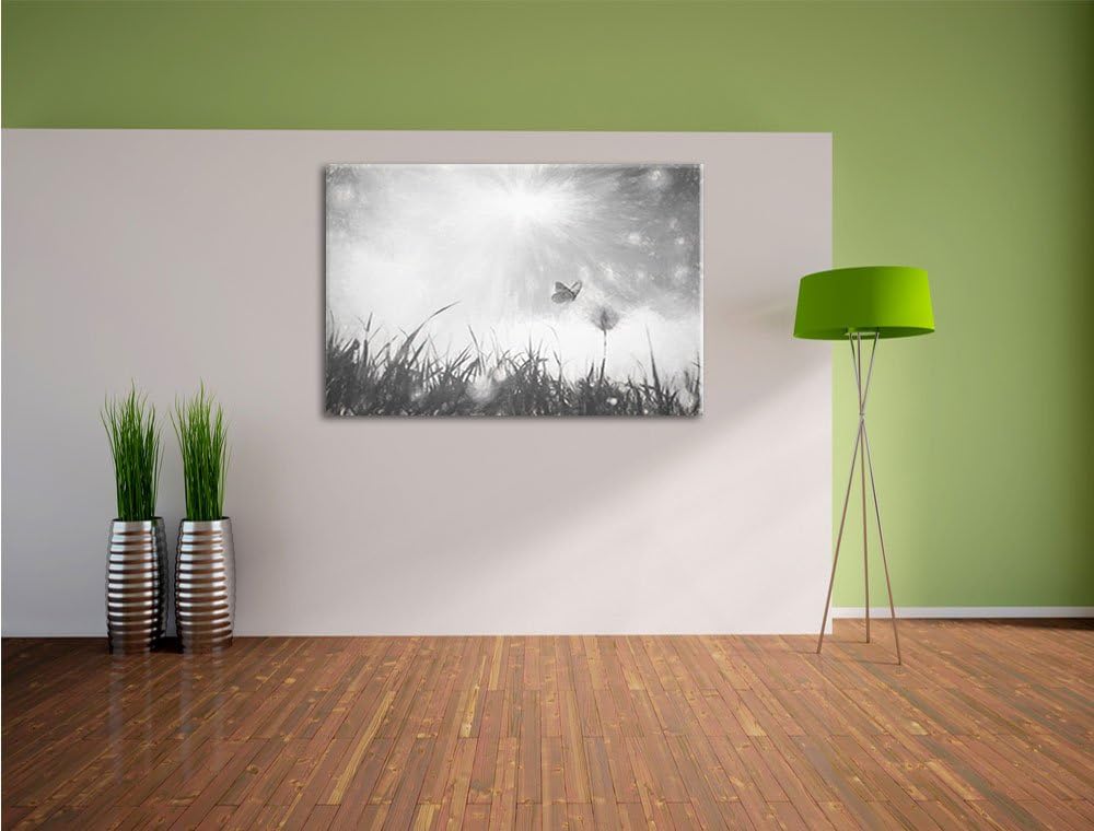 Pixxprint zarter Schmetterling fliegt zu Pusteblume Kunst Kohle Effekt, Format: 100x70 auf Leinwand,