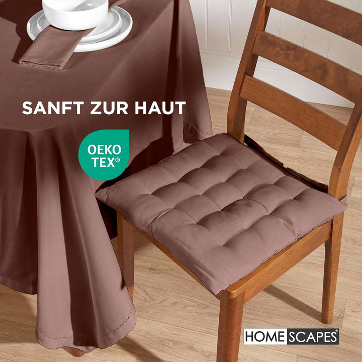 Homescapes 6er Set Stuhlkissen 40 x 40 cm, braun, Sitzkissen mit Bändern und Knopfverschluss, einfar