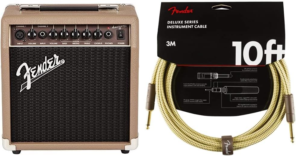 Fender Verstärker für Akustikgitarre, 15 W & Kabel Deluxe Series, 3m, Tweed 15W Bundle mit Kabel Del