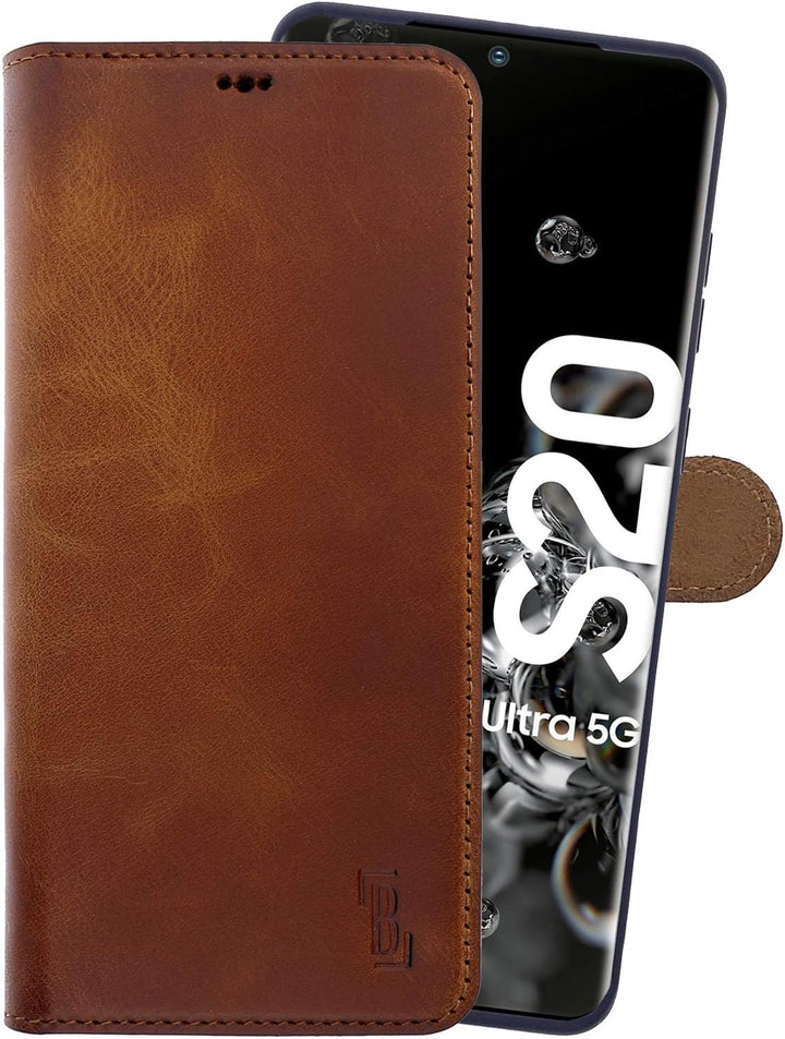 Burkley 2-in-1 Leder Handytasche für Samsung Galaxy S20 Ultra - Abnehmbares Back Cover, 360° Schutz,
