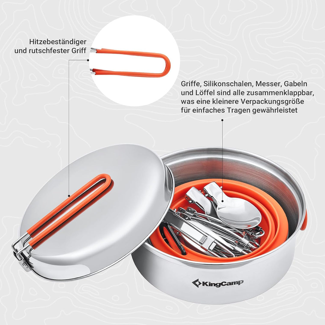 KingCamp Camping Kochgeschirr Set Stainless Steel faltbar Kochset Töpfe Set Geschirr Set Outdoor Koc
