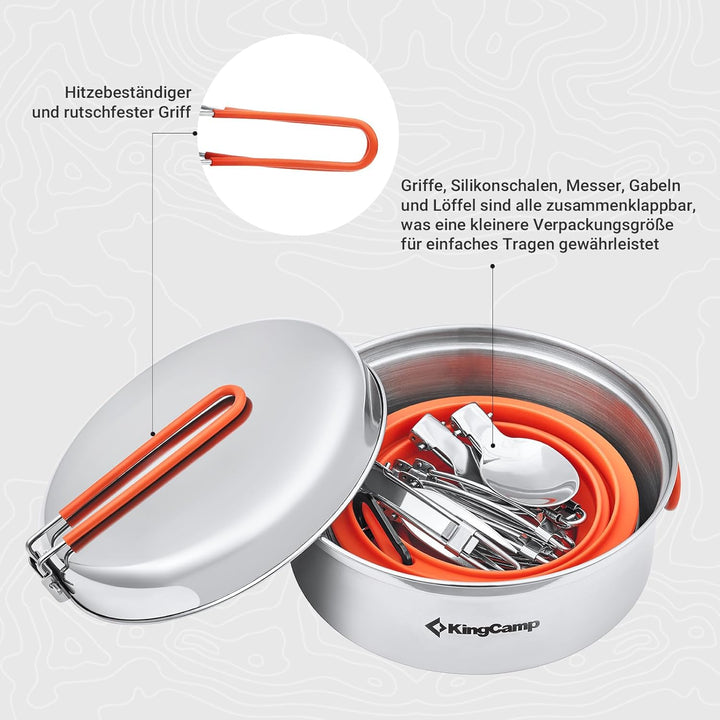KingCamp Camping Kochgeschirr Set Stainless Steel faltbar Kochset Töpfe Set Geschirr Set Outdoor Koc