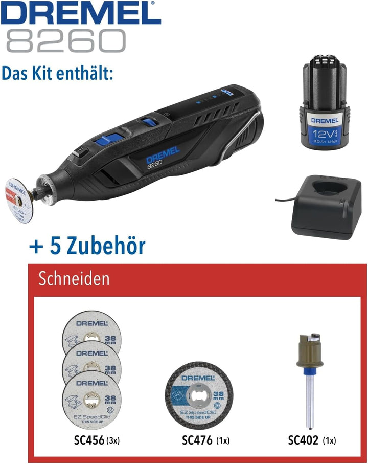 Dremel 8260 Akku-Rotationswerkzeug mit bürstenlosem Motor und 12V 3Ah Lithium-Ionen-Akku, Akku-Multi