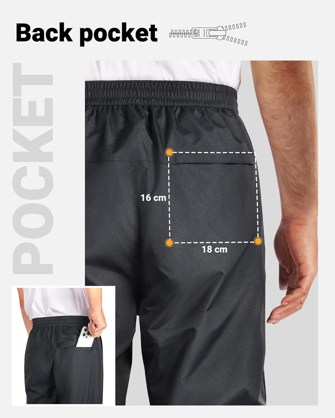 33,000ft Regenhose Herren Wasserdicht Full Zip Wanderhose, Atmungsaktiv 2-Lagen Überziehhose Fahrrad