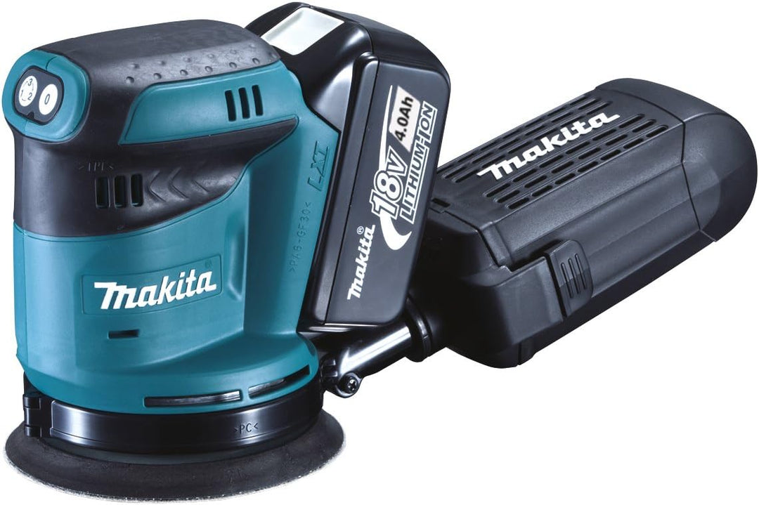 Makita Akku-Exzenterschleifer, (18 V im Makpac mit 2 Akkus 4,0 Ah + Ladegerät), DBO180RMJ mit 2x Akk