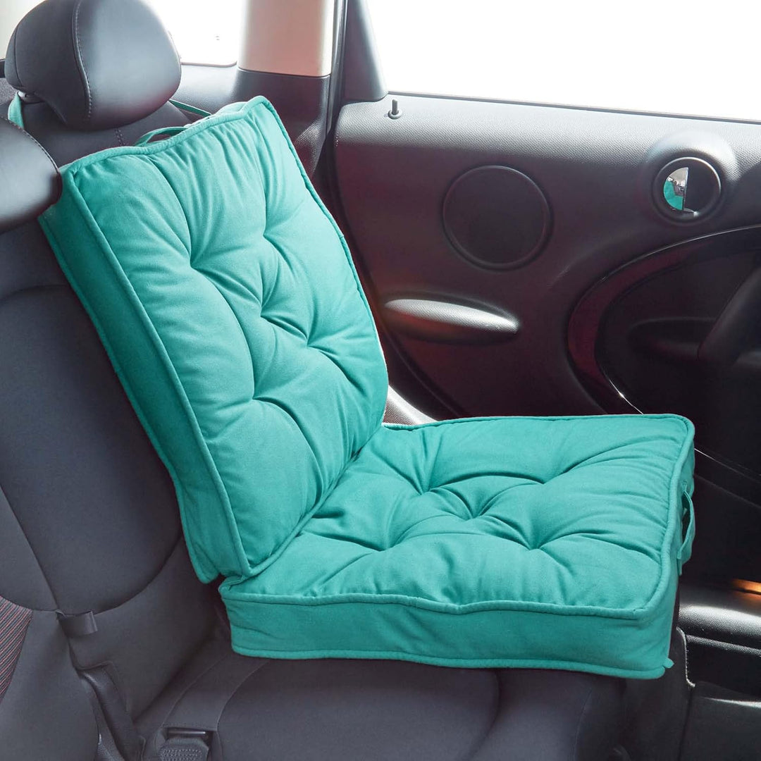 Homescapes Faltbares Reisekissen 50x50 cm türkis, Auto-Sitzkissen mit Rückenlehne, Klappsitzkissen f