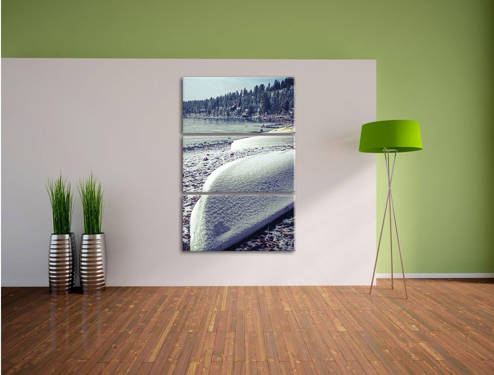 Pixxprint zugeschneite Boote im Winter 3-Teiler Leinwandbild 120x80 Bild auf Leinwand