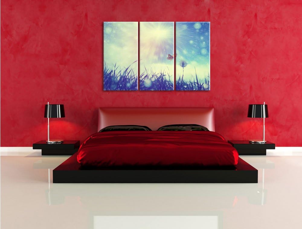 Pixxprint zarter Schmetterling fliegt zu Pusteblume Kunst Buntstift Effekt 3-Teiler Leinwandbild 120