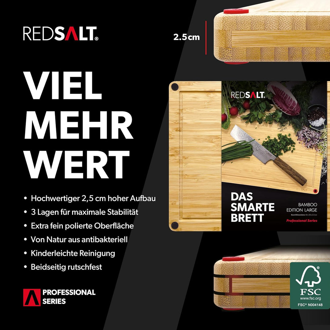 REDSALT® innovatives Bambus Holz Schneidebrett XL 50x36x2,5cm | beidseitig rutschfest antibakteriell