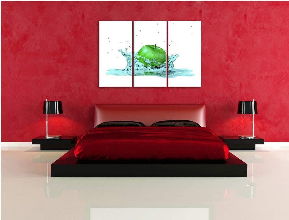 green Apple, Grüner Apfel fällt in Wasser schwarz/weiss 3-Teiler Leinwandbild 120x80 Bild auf Leinwa
