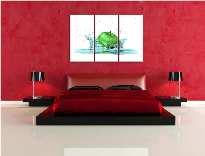 green Apple, Grüner Apfel fällt in Wasser schwarz/weiss 3-Teiler Leinwandbild 120x80 Bild auf Leinwa
