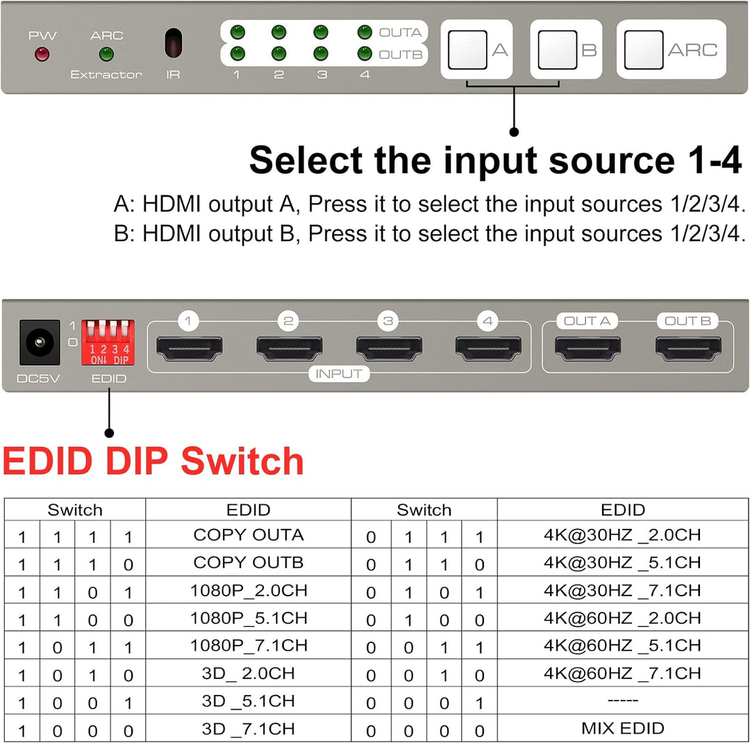 VEDINDUST HDMI Matrix Switcher 4K @ 60Hz HDMI 2.0b Switch 4 in 2 Out Splitter with Optical and 3.5 m