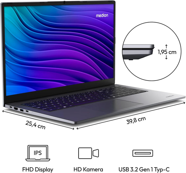 MEDION 43,9 cm (17,3 Zoll Full HD) E17223 Laptop (Intel Core i3 N305, 8GB DDR4 RAM, 512GB SSD, HD We