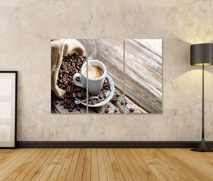 islandburner Bild auf Leinwand Espresso Kaffeetasse Mit Bohnen Auf Vintage Tisch Bilder Wandbilder P