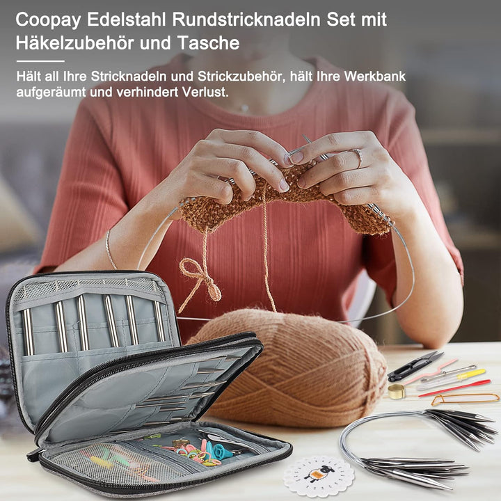 Coopay Rundstricknadeln 40 cm Edelstahl Rundstricknadel Set mit Tasche & Strickzubehör, 2,5-10 mm Me
