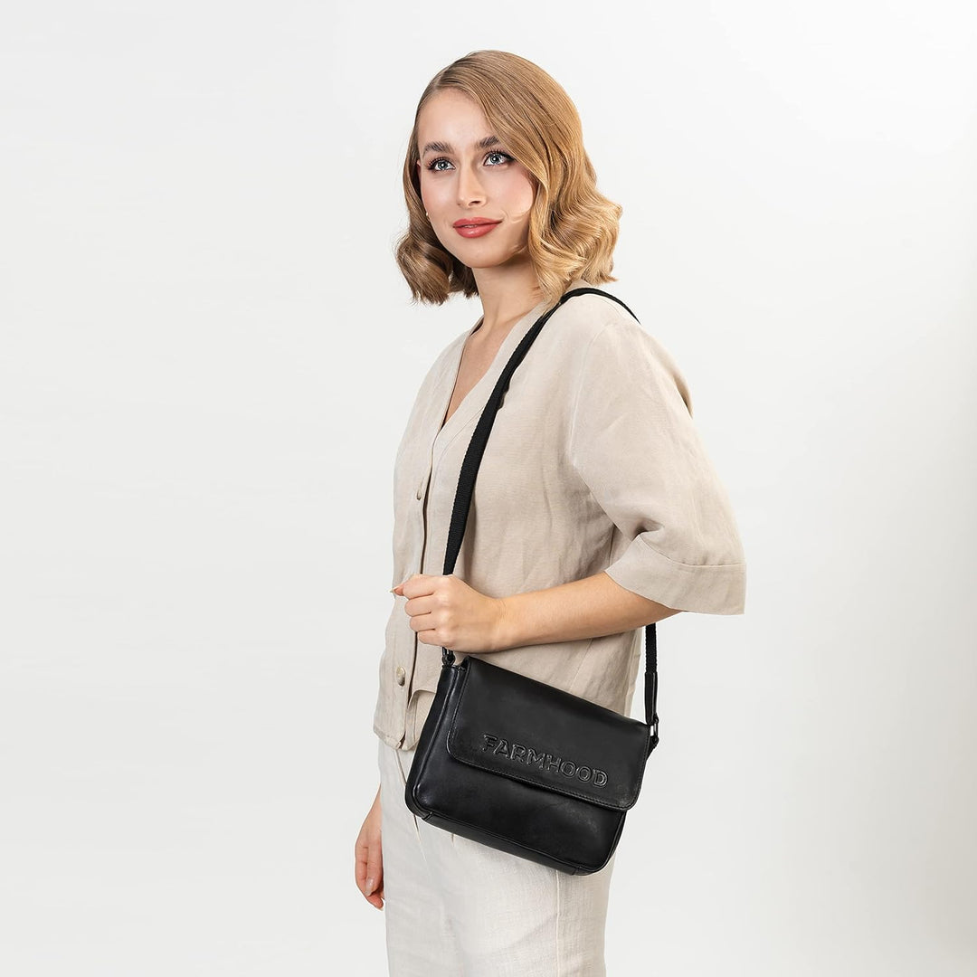 FARMHOOD Memphis Damen Umhängetasche aus Leder 22 cm - mittelgrosse Handtasche mit Reisserverschluss