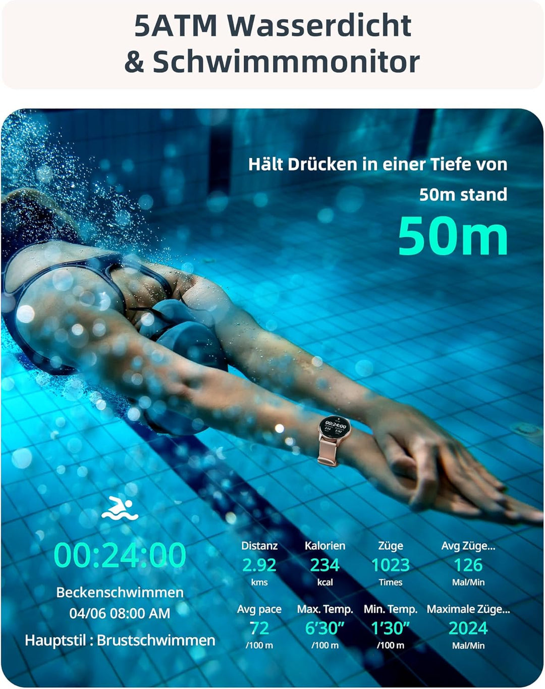 Smartwatch Damen mit Telefonfunktion, 5ATM Wasserdicht Schwimmuhr, 44 mm Fitnessuhr Damen mit 100+ S