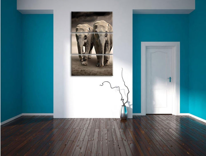 Pixxprint Zwei Elefanten in Steppe als Leinwandbild/Grösse: 3 Teilig (120x80) cm/Wandbild/Kunstdruck