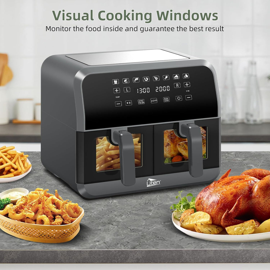 Uten Doppel Heissluftfritteuse, 8L Heissluftfritteuse Dual Zone Sichtbar, XXL Airfryer mit 2 Kammern