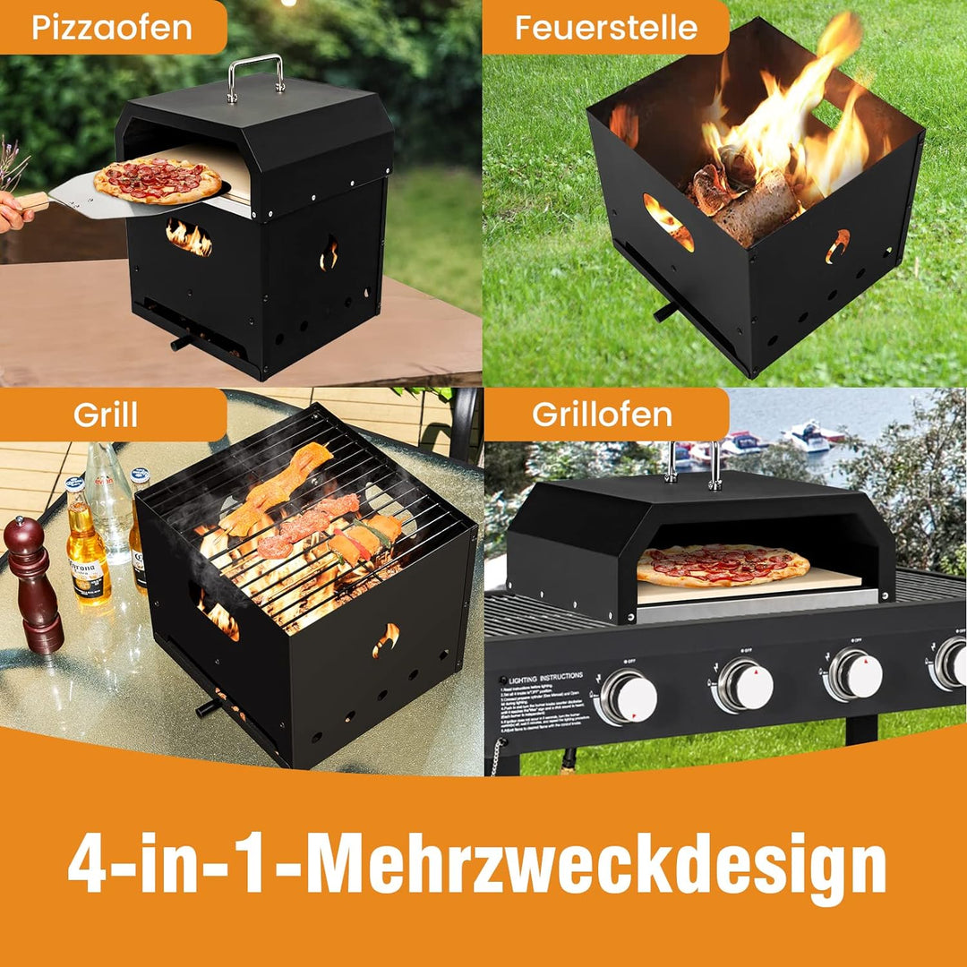 COSTWAY 4-in-1 Pizzaofen, Outdoor-Grill, holzbefeuerter Pizza Ofen mit wasserdichter Abdeckung, Pizz