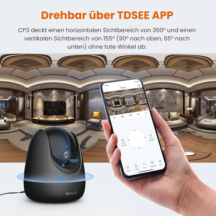 Tenda Überwachungskamera Innen CP3 V2.2, 360 Grad WLAN IP Kamera, 2-Wege-Audio, 1080P, Nachtsicht, T