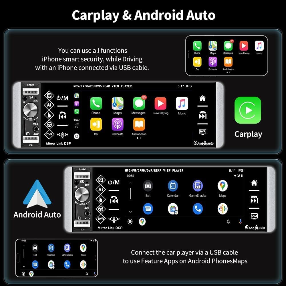Hikity Autoradio 1 Din Apple Carplay & Android Auto mit Bildschirm 5.1 Zoll Touch Display Radio Blue