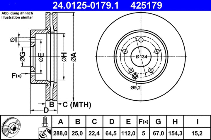 ATE Original Bremsscheibe - 2 Bremsscheiben - 24.0125-0179.1 - ECE-R90 Strassenzulassung