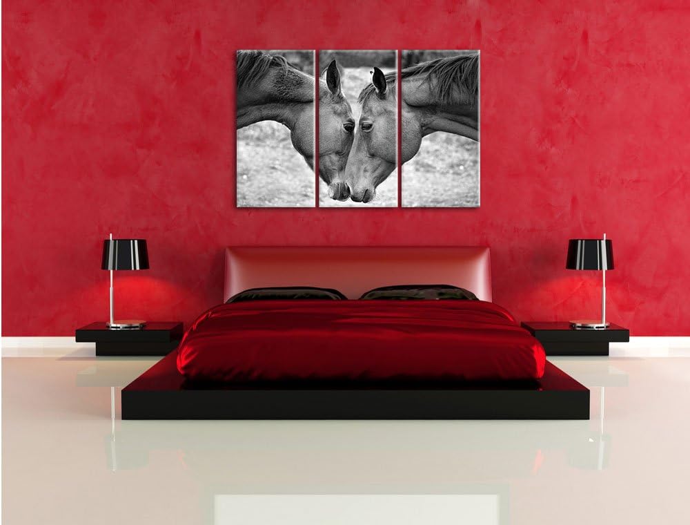 Pixxprint Zwei schmusende Pferde Kunst B&W als Leinwandbild | Grösse: 3 Teilig (120x80) | Wandbild|