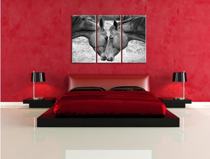 Pixxprint Zwei schmusende Pferde Kunst B&W als Leinwandbild | Grösse: 3 Teilig (120x80) | Wandbild|
