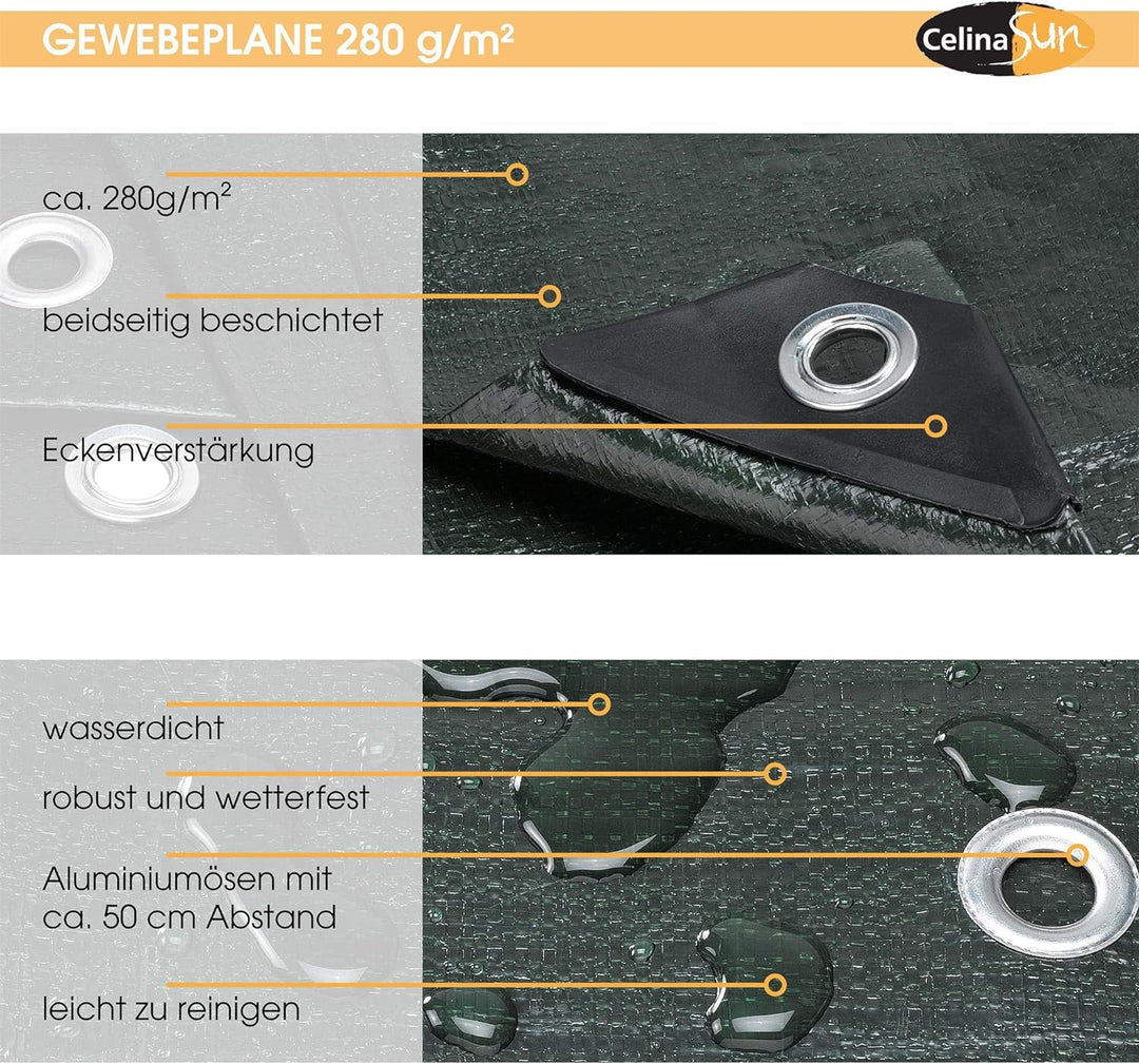 CelinaSun Gewebeplane 5x6 m grün Abdeckplane 280 g/qm Gartenplane Abdeckung Gartenmöbel Anhängerplan