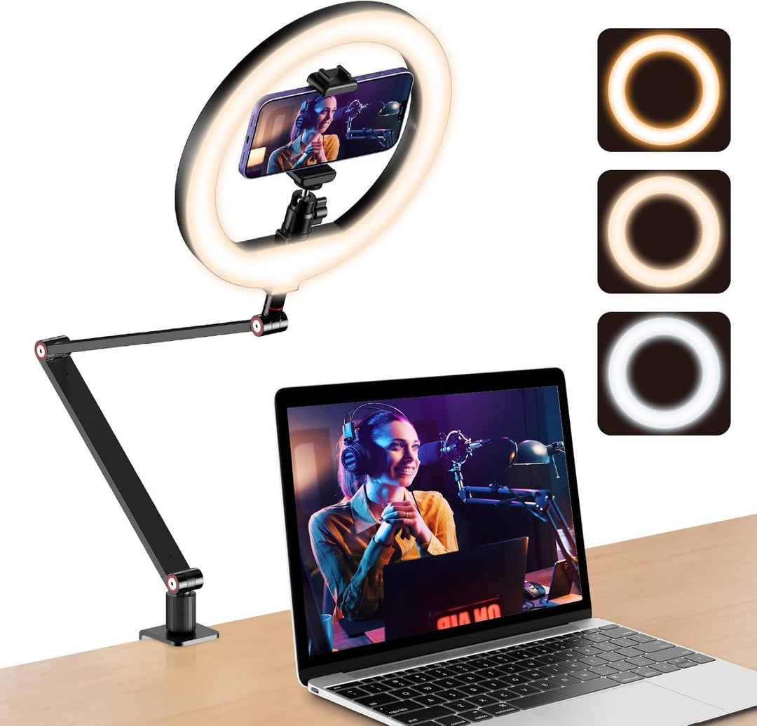 10'' Ringlicht für Schreibtisch mit Ständer und Telefonhalter, Overhead Stativ Ringlicht, Videokonfe