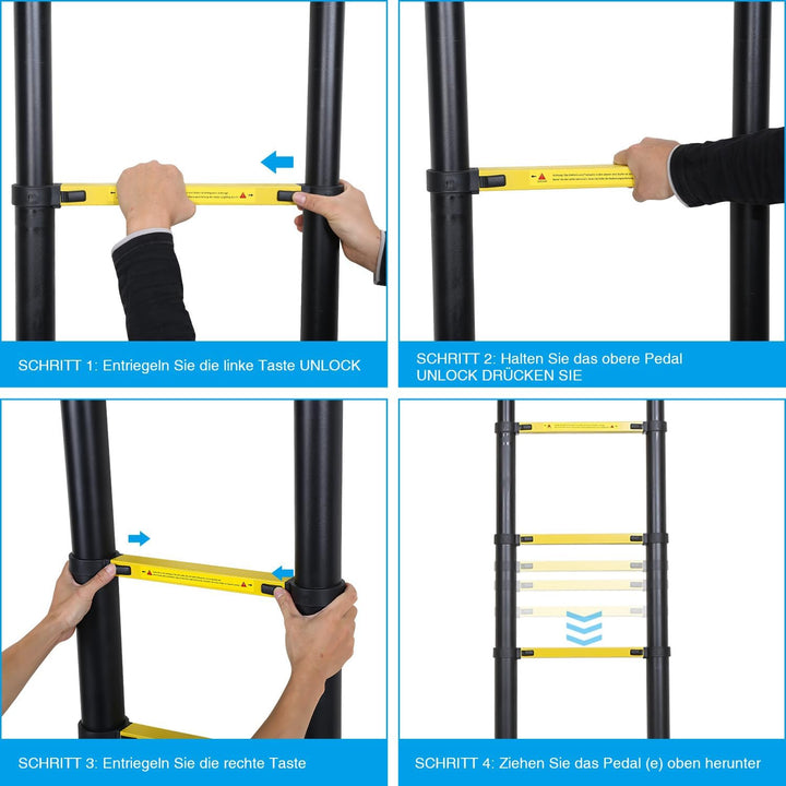 Aluminium Teleskopleiter 3.2M, Ausziehbare Leiter mit Stabilisator und Abnehmbaren Haken, Rutschfest