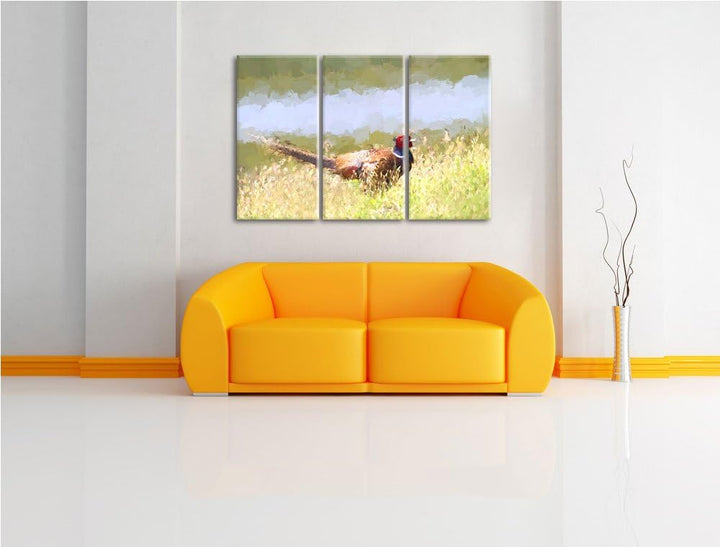 farbenprächtiger Fasan auf Frühlingswiese NewArt 3-Teiler Leinwandbild 120x80 Bild auf Leinwand, XXL